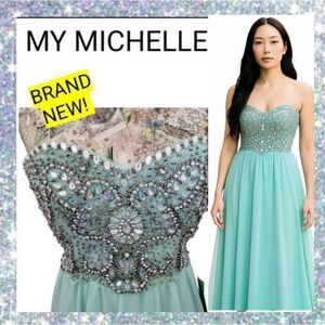Formal Rhinestone Strapless Sparkle Blue Flowy Gown Long Maxi Dress BRAND NEW!